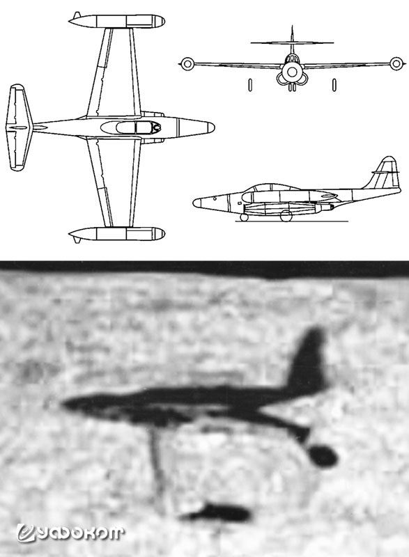 Истребитель F-89 в трех проекциях и изображение пропавшего самолета на дне озера Верхнее, якобы сделанное гидролокатором «Great Lakes Dive Company».