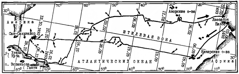 Карта первого плавания Колумба с отмеченными в дневнике ветрами. 