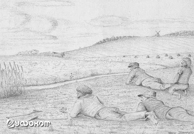 Отдыхающие работники перед появлением «фургона» на современном рисунке. К сожалению, насколько мне известно, никаких исторических зарисовок этих объектов не существует.