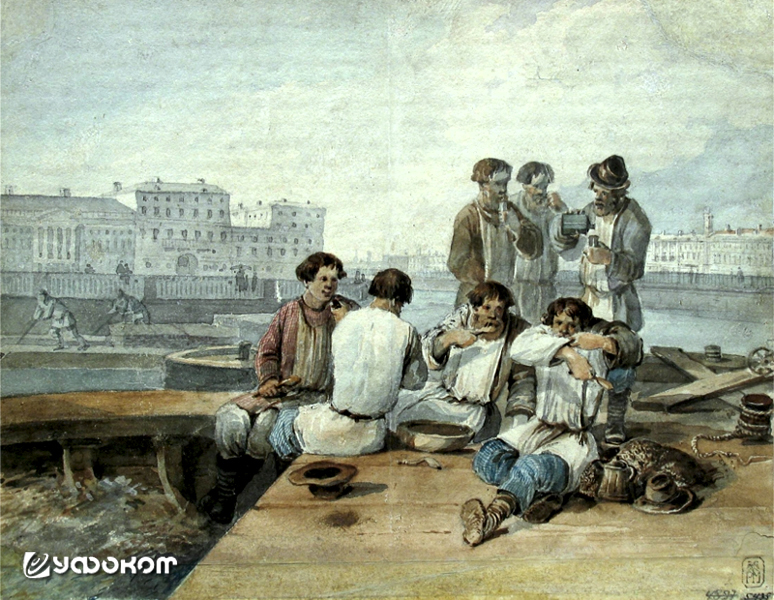 «На барке. Обед грузчиков», акварель Карла Ивановича Кольмана, 1830-е годы. Русский музей, Санкт-Петербург. Художник изображал преимущественно петербургские уличные сцены, деревенский быт и фигуры из простонародья.