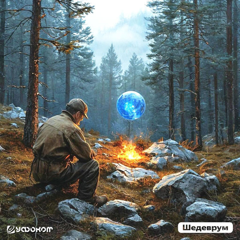 В.И. Степанов в окрестностях урочища Чуроккайка на Самарской Луке в пламени костра наблюдает за появлением огненного шара. Рисунок-реконструкция выполнен с помощью нейросети в 2024 году.