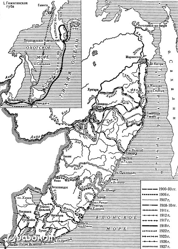 Маршруты экспедиций 1907, 1908–1910 и 1927–1928 годов, в ходе которых В. К. Арсеньев столкнулся с рядом аномальных природных явлений. Карта из книги «Дерсу Узала. Сквозь тайгу» (М.: Мысль, 1972).