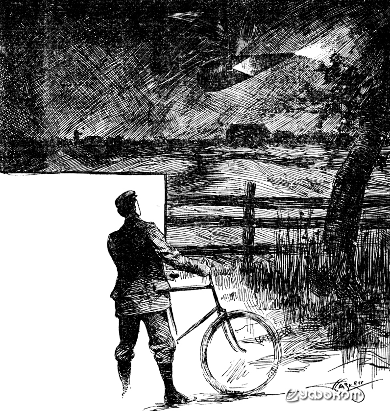 Рисунок из «Minneapolis Tribune» от 13 апреля 1897 года: «Нечто вроде блуждающих огоньков неслось в ночи, но оказалось сигнальными огнями направляемого человеческой рукой “воздушного судна”, столь приблизившегося к Стюарту Маэроту, проезжавшему Миннетонка