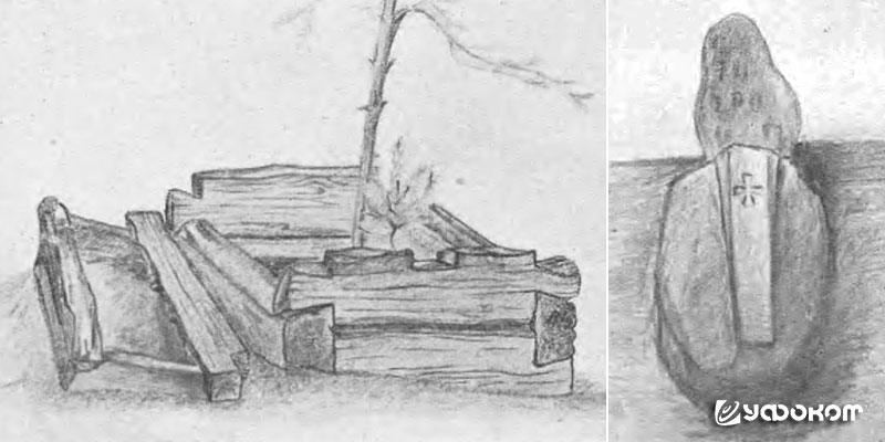 Архаические надгробия в Русаках и Рубежевичах. Зарисовки Л. Савицкого [3].