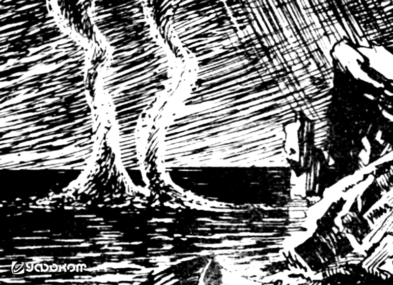 Смерч на иллюстрации В. Добровольского к сборнику рассказов В. К. Арсеньева «Встречи в тайге» (Чита: Читинское обл. гос. изд-во, 1951).